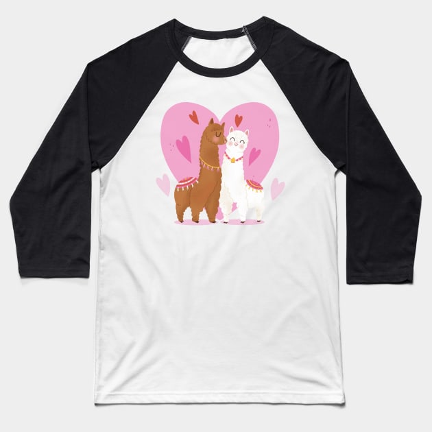 LLama Valentine Couple Baseball T-Shirt by Mako Design 